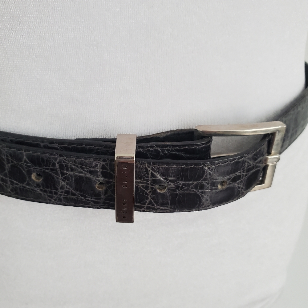 PERRY ELLIS Women's Black Leather Croc Belt Silvertone Square Buckle Distressed - Picture 3 of 8